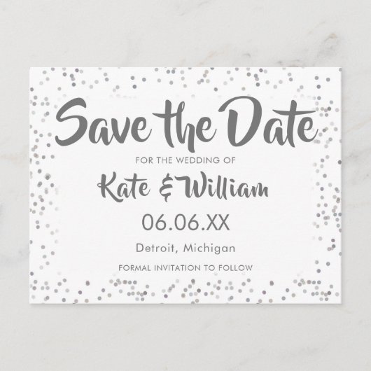 スターダストのシルバー・コンフェティ Save the Date 案内ポストカード (正面)