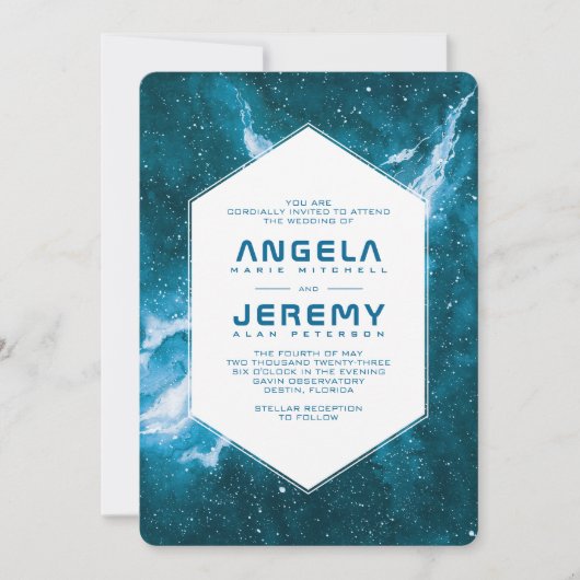 スターダストコズミックティール(緑がかった色)結婚ブルー 招待状 (正面)