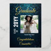 スターダストブルーモダンスクエア写真卒業パーティー 箔招待状 (正面)