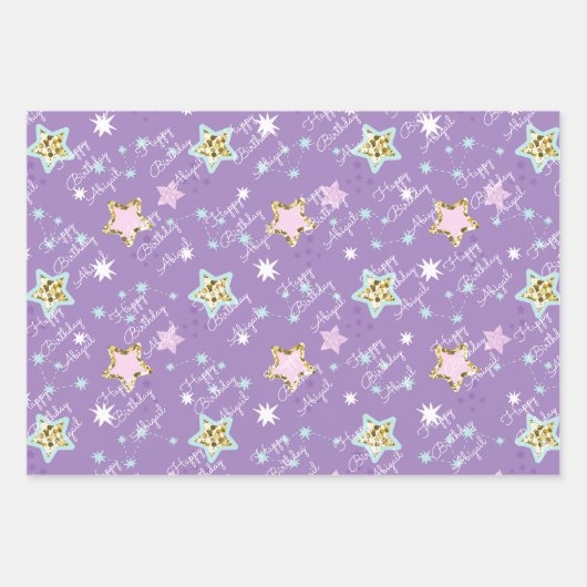 スターハッピーバースデーと女の子の名前ピンク黄色3 ラッピングペーパーシート (正面3)