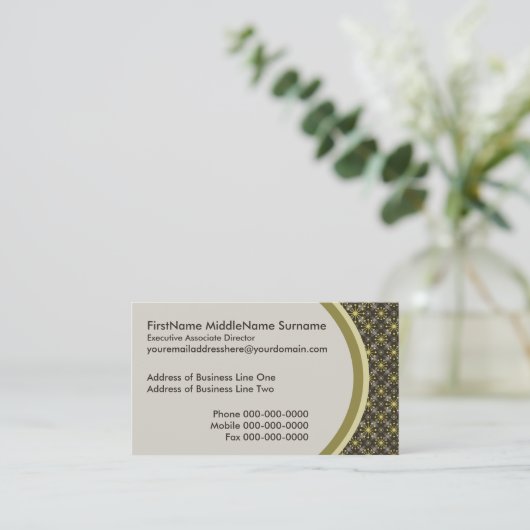 スターバストとラインミッドセンチュリーパターン地球の色合い 名刺 (スタンド正面)