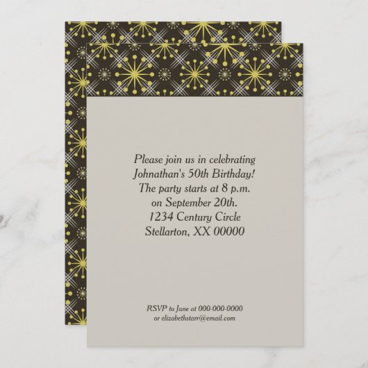 スターバストとラインミッドセンチュリーブラウンレトロ 招待状 (正面/裏面)