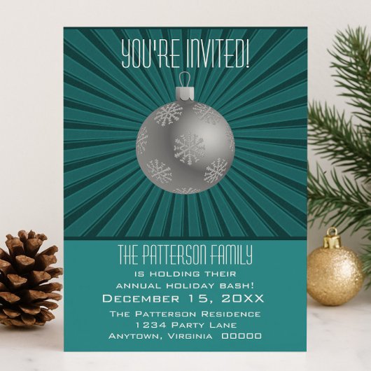 スターバストストライプオーナメントホリデーパーティーティール（緑がかった色） 招待状