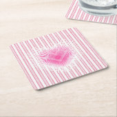 スターバストバレンタインハートオンソフトピンクストライプ スクエアペーパーコースター (アングル)