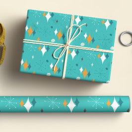 スターバストミッドセンチュリーモダンパターンのティール（緑がかった色） ラッピングペーパーシート