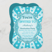 スターバーストとドット ブライトアクアブルーグリーン 招待状 (正面/裏面)