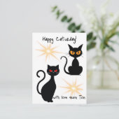 スターバーストとレトロな黒猫 - 編集可能なテキスト ポストカード (スタンド正面)