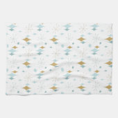 スターパターンミッドセンチュリーモダンアクア金ゴールド キッチンタオル (横)