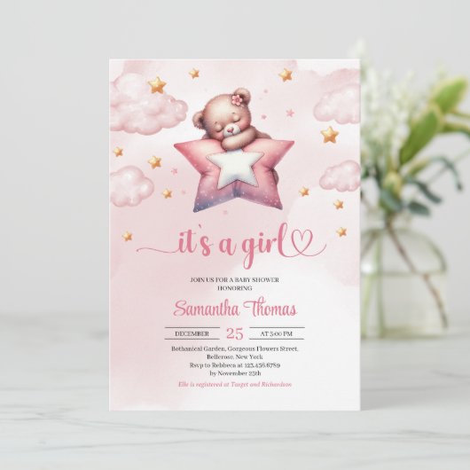 スターピローガールのベビーシャワー付きテディベア 招待状 (スタンド正面)