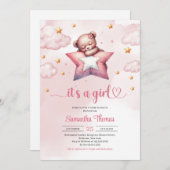 スターピローガールのベビーシャワー付きテディベア 招待状 (正面/裏面)