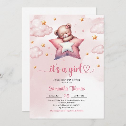 スターピローガールのベビーシャワー付きテディベア 招待状 (正面/裏面)