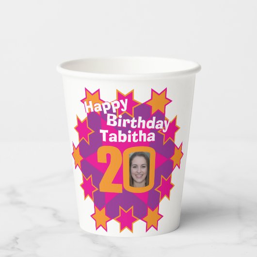 スターピンク黄金色20歳の誕生日2枚の写真 紙コップ (裏面)