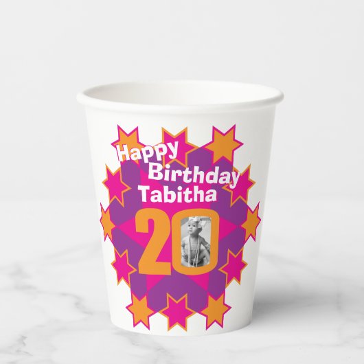 スターピンク黄金色20歳の誕生日2枚の写真 紙コップ (正面)