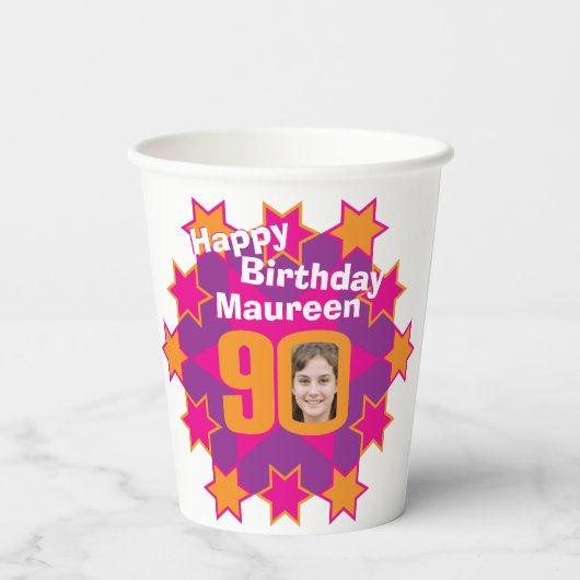 スターピンク黄金色90歳の誕生日2枚の写真 紙コップ (裏面)