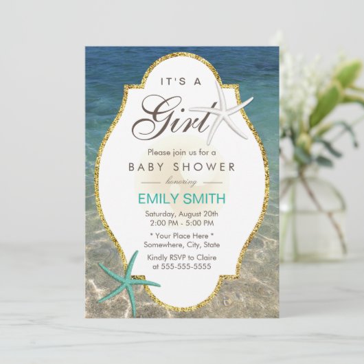 スターフィッエレガントク熱帯ビーチガールベビーシャワー 招待状 (スタンド正面)