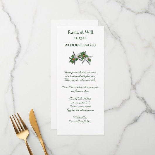 スターフィッシュとホリー背の高いクリスマス結婚のメニュー メニュー (正面/裏面インサイチュ)