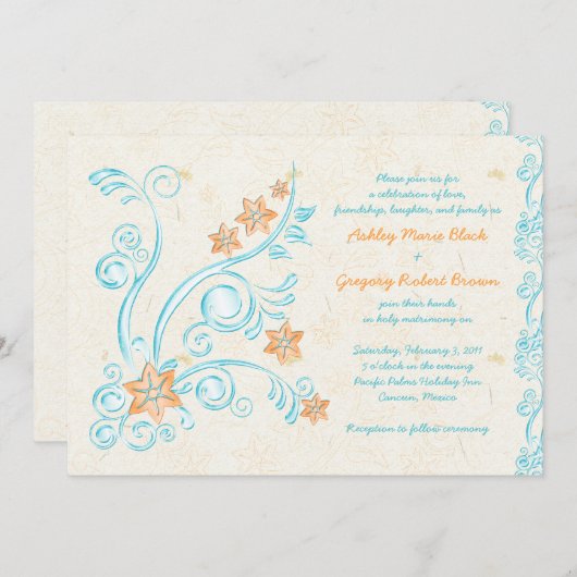 スターフィッシュと水の目的地の結婚式招待状 招待状 (正面/裏面)