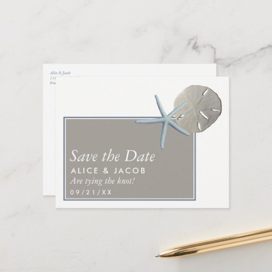 スターフィッシュと砂ドル – ビーチ日付を保存 案内ポストカード (正面/裏面インサイチュ)