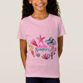 スターフィッシュと貝殻のハローサマーのガールズTシャツ - ピンク Tシャツ (正面)