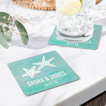 スターフィッシュアクアビーチ結婚式コースター スクエアペーパーコースター<br><div class="desc">デザインは、ターコイズの水彩画の風通しの良い背景に白いヒトデを2つ備えている。ビーチや行き先結婚式に最適！アクセサリーのコーディネートは当店で利用可能。</div>