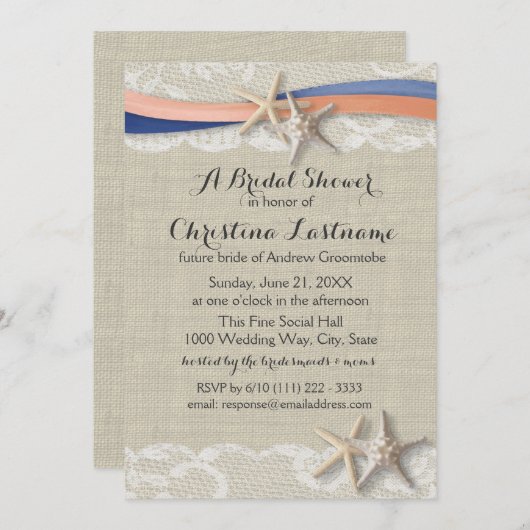 スターフィッシュアンドリボンブルーコーラルブライダルシャワー 招待状 (正面/裏面)