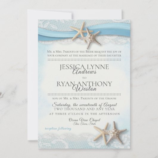 スターフィッシュアンドレースヴィンテージブルービーチ結婚式 招待状 (正面)
