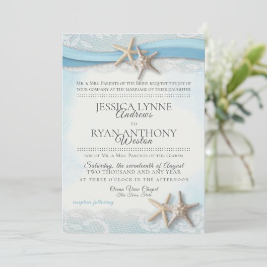 スターフィッシュアンドレースヴィンテージブルービーチ結婚式 招待状 (スタンド正面)