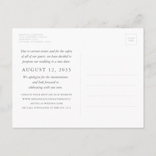 スターフィッシュウッドの日付素朴ビーチ結婚式の変更 案内ポストカード (裏面)