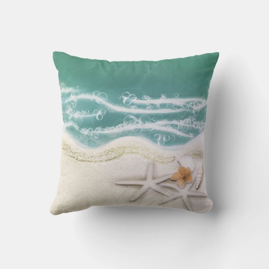 スターフィッシュオンビーチティール(緑がかった色)シーウォータートロピカルシック クッション (裏面)