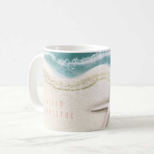 スターフィッシュオンビーチティール（緑がかった色）シーウォータートロピカル コーヒーマグカップ (正面左)