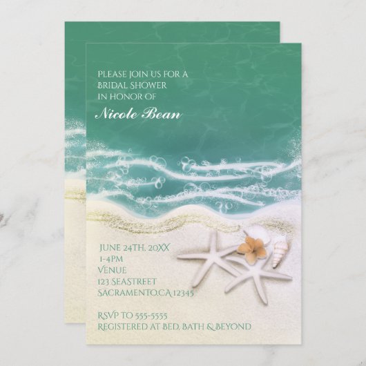 スターフィッシュオンビーチティール(緑がかった色)シーウォーター招待状 招待状 (正面/裏面)