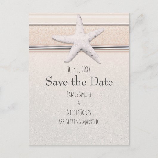 スターフィッシュクリーミー白ビーチ結婚式保存日 案内ポストカード (正面)