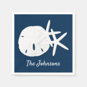 スターフィッシュサンドドルコースタルネイビーブルーカスタム スタンダードカクテルナプキン (正面)