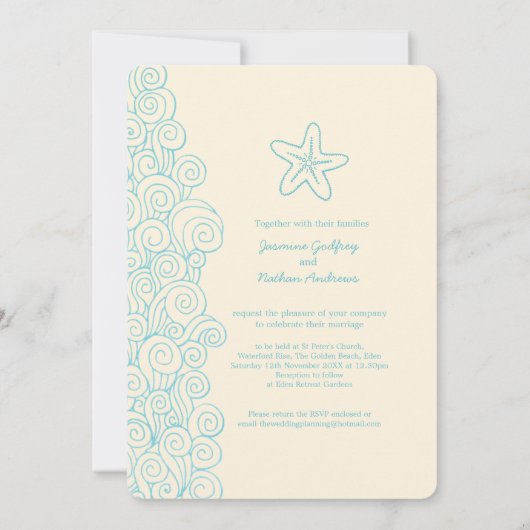 スターフィッシュシースワールアクアアイボリービーチ結婚式 招待状 (裏面)
