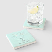 スターフィッシュティール(緑がかった色)航海のビーチ結婚式カップル名 ストーンコースター (横)