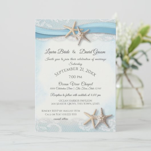 スターフィッシュトロピカルヴィンテージビーチスカイブルー結婚ズ 招待状 (スタンド正面)