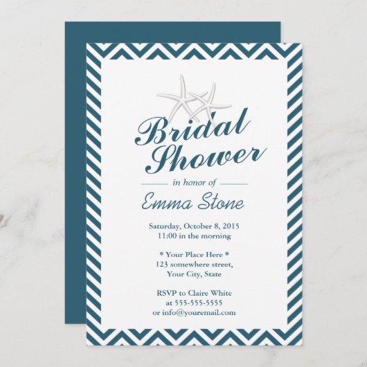 スターフィッシュネイビーブルーシェブロンストライプブライダルシャワー 招待状 (正面/裏面)