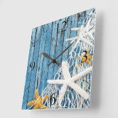スターフィッシュネッティングビーチウッドコースタルリビング |青 スクエア壁時計 (傾斜)