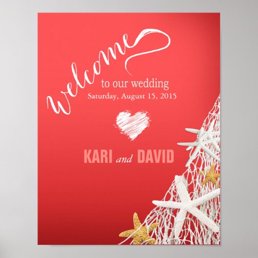 スターフィッシュネッティングビーチ結婚式ウェルカムサインサンゴ ポスター (正面)
