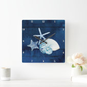 スターフィッシュノーチラス海の水の色シェルビーチブルー スクエア壁時計 (ホーム)