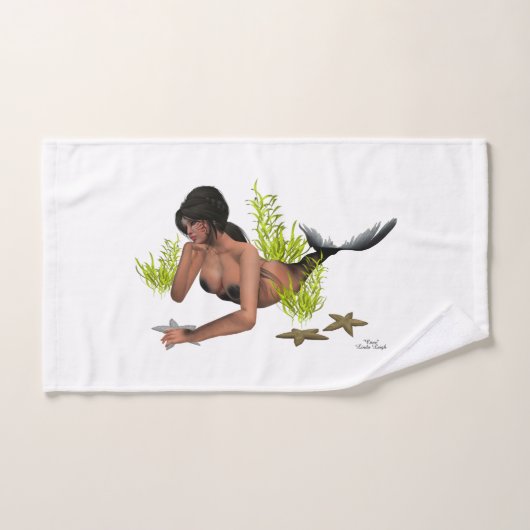 スターフィッシュハンドタオル付きブルネット人魚 ハンドタオル (ハンドタオル)