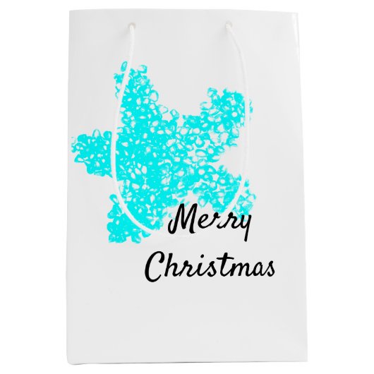 スターフィッシュパターンティール（緑がかった色）アクアホワイトメリークリスマス ミディアムペーパーバッグ (正面)