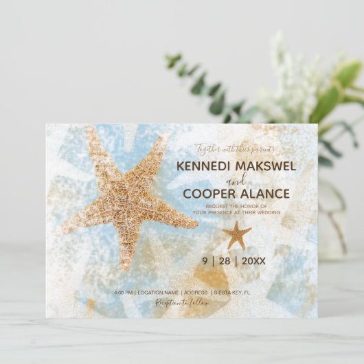 スターフィッシュビーチをテーマにした沿岸結婚式招待状 招待状 (スタンド正面)