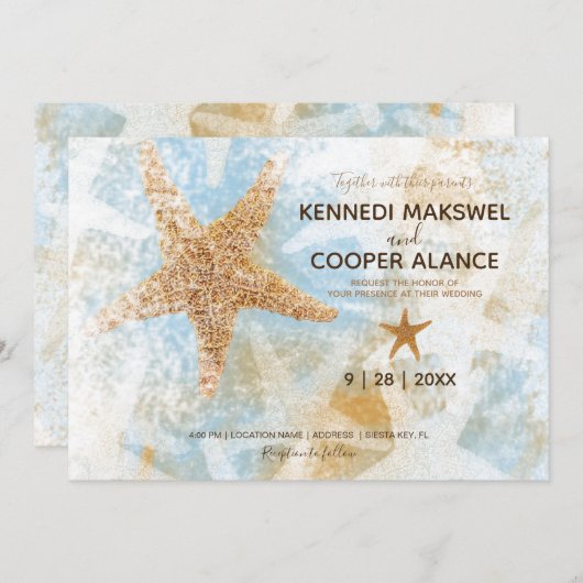 スターフィッシュビーチをテーマにした沿岸結婚式招待状 招待状 (正面/裏面)