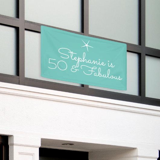 スターフィッシュビーチティール（緑がかった色）ブルーホワイト50thバースデーパーティー 横断幕 (ビルの外側)