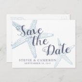 スターフィッシュビーチ結婚式ほこりっぽいブルー日付を保存 案内ポストカード (正面/裏面)