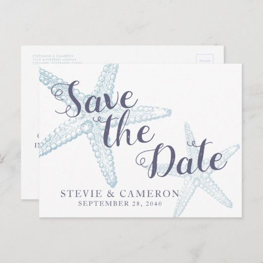 スターフィッシュビーチ結婚式ほこりっぽいブルー日付を保存 案内ポストカード (正面/裏面)