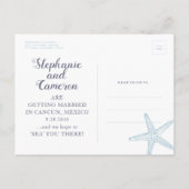 スターフィッシュビーチ結婚式ほこりっぽいブルー日付を保存 案内ポストカード (裏面)