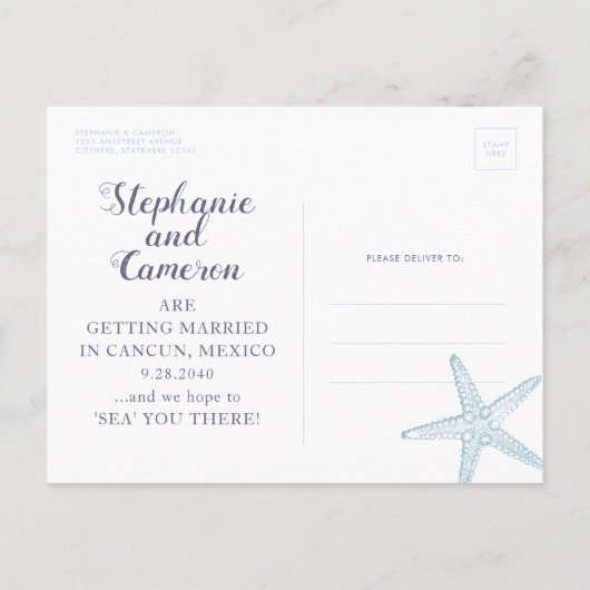 スターフィッシュビーチ結婚式ほこりっぽいブルー日付を保存 案内ポストカード (裏面)