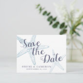 スターフィッシュビーチ結婚式ほこりっぽいブルー日付を保存 案内ポストカード (スタンド正面)